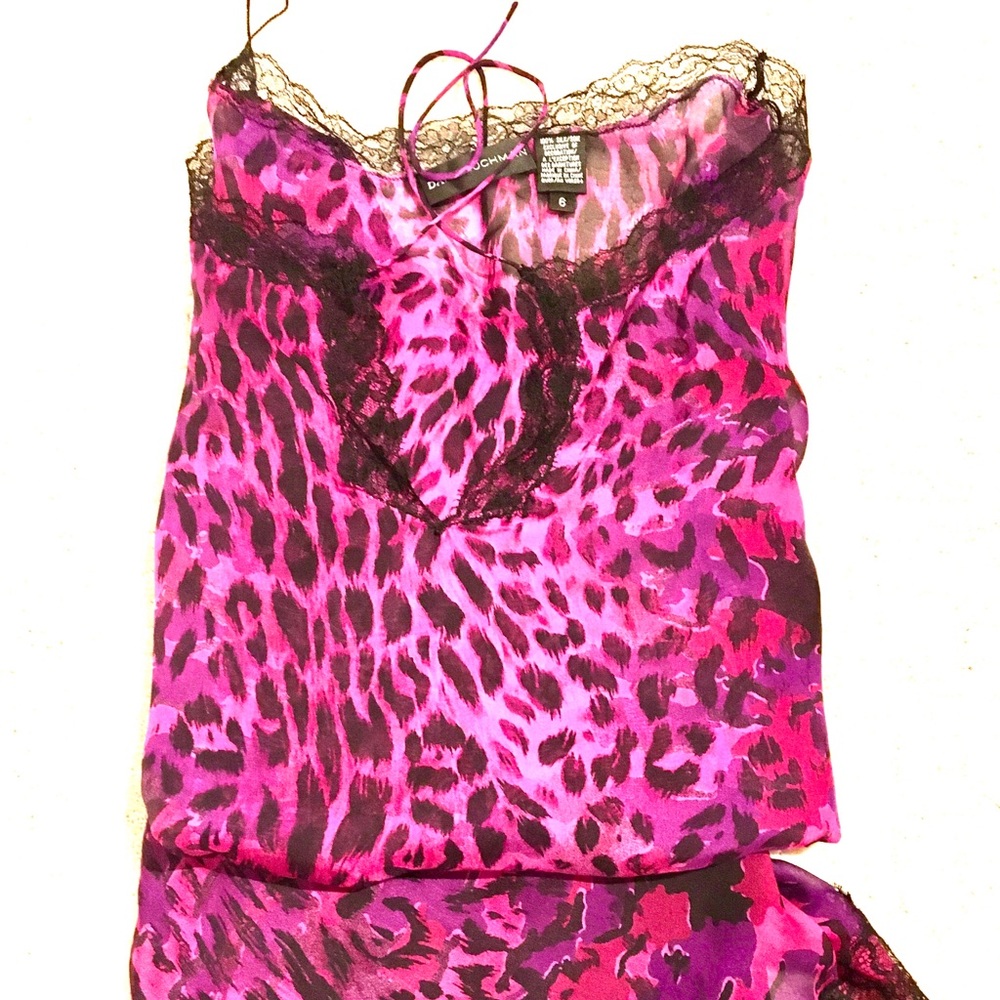 Vintage 90s. Vibrant animal print and Chantilly lace tunic and skirt. 100% silk.